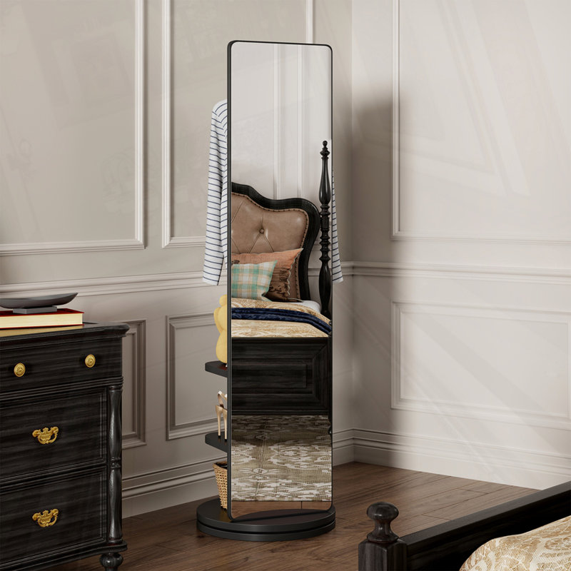 Rotating Multifunctional Full Length Mirror With Hook Storage Rack, Black