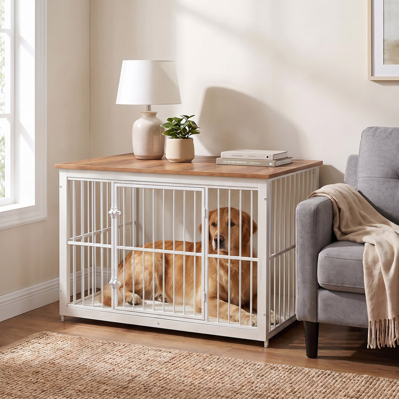 Meuble de caisse pour chien 48 po en bois, chenil moderne avec portes doubles et plateau amovible, table de bout pour cage pour animaux de taille moyenne et grande