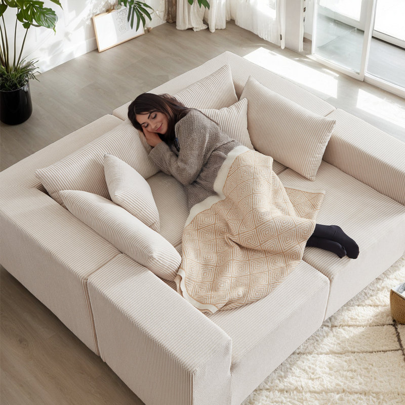 Boneless 104" Modular L-shaped Corduroy Sectional Sofa Chaise, U-Shaped Sofa Bed Sleeper with 6 Pillows, No Assembly Needed