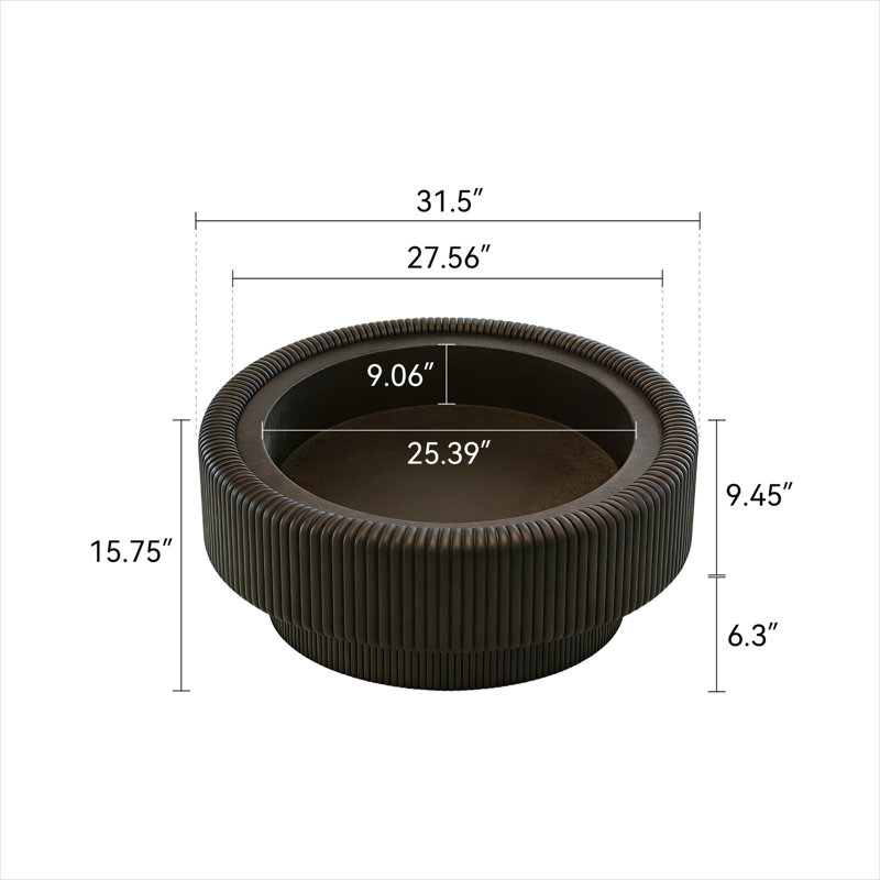 Table basse 31,5 pouces ronde cannelée avec plateau en verre trempé et base en cuir noir élégant