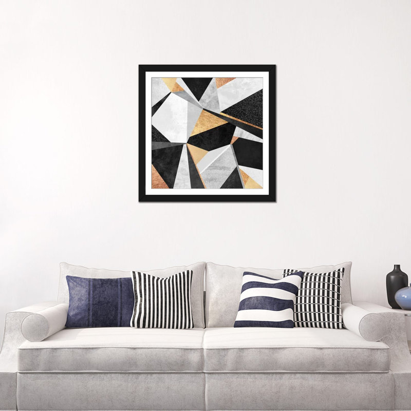 Géométrie, impression sur toile en or, H 16 po x l 16 po x P 1 po, Papier d'art encadré noir, Blanc
