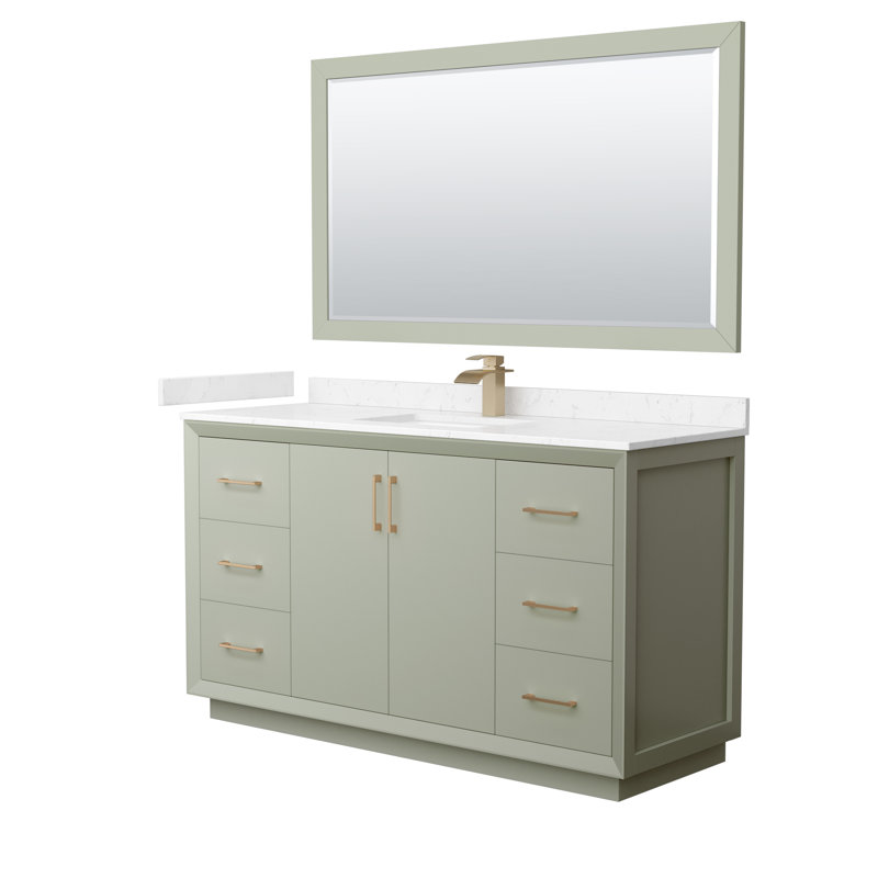 60'' Single Bathroom Vanity with Cultured Marble Top, Satin Bronze, Light Green, White Cultured Marble