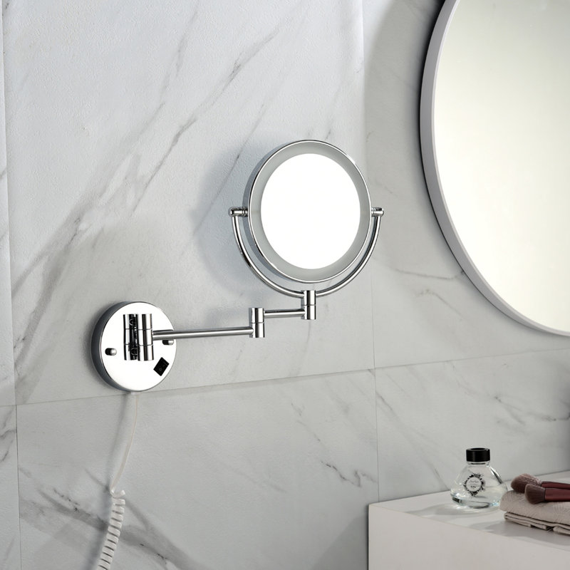 Miroir de maquillage mural à deux grossissements à DEL, 8 pouces, extension de 12 pouces, grossissement 1x / 3x, rotation de 360 degrés, support de meuble-lavabo à bouton rasage étanche, finition,