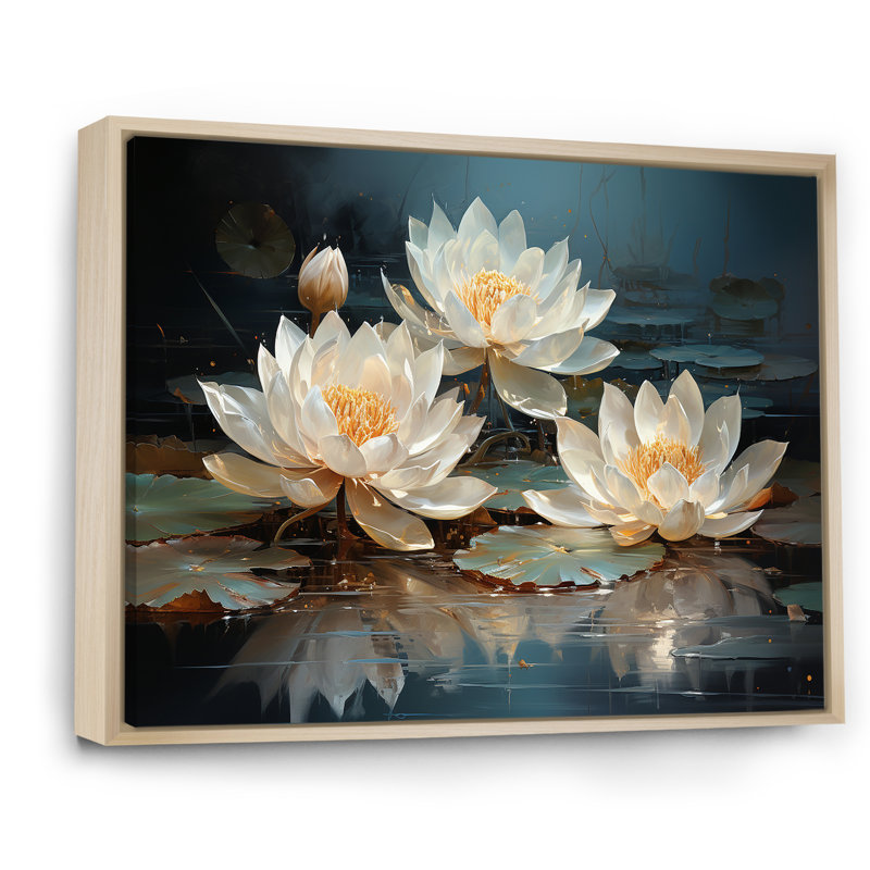 Fleurs de lotus baignées au clair de lune - Art sur toile de lotus, H 24 po x l 32 po x P 1 po, Cadre naturel flottant