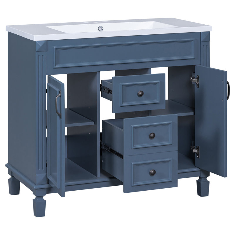 Botarf Bathroom Cabinet, 36'' Bathroom Vanity with Top Sink with 2 Soft Closing Doors and 2 Drawers, Blue