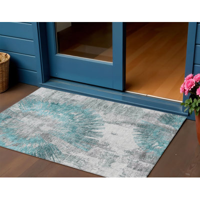Tapis d'extérieur lavable abstrait bleu sarcelle 3 pi x 5 pi bleu turquoise et gris