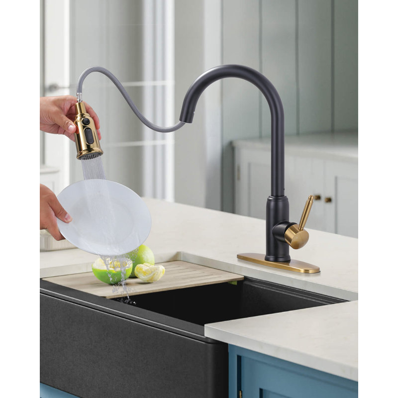 Pull Down Kitchen Faucet, Black/Gold