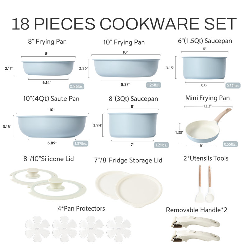 CAROTE 18-Piece Nonstick Cookware Set with Detachable Handle, Blue