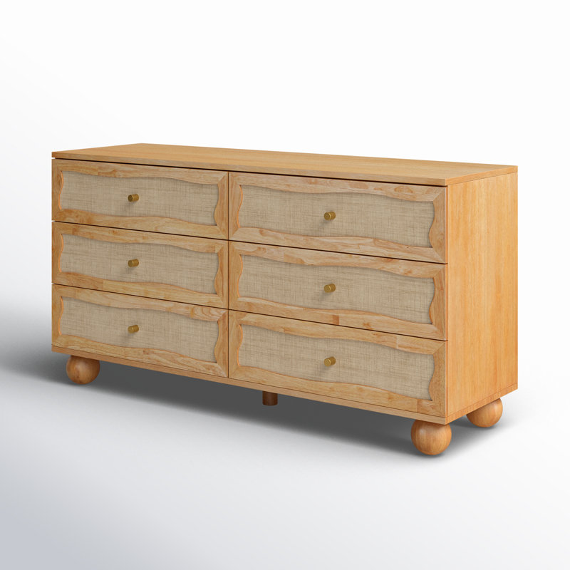 Commode tourmaline ondulée en bois naturel et rotin