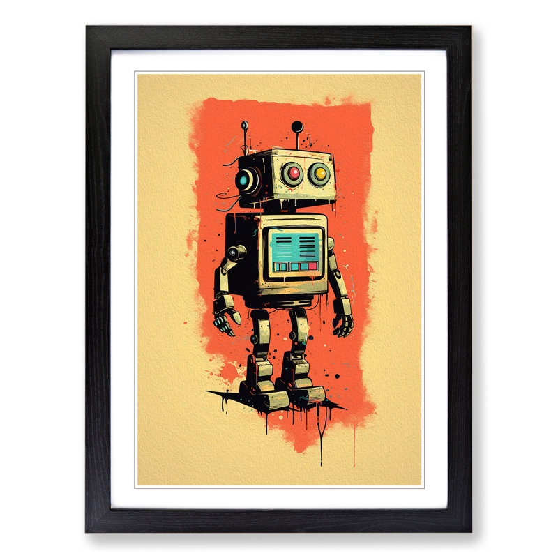 Robot Minimalism - Single Picture Frame Print on Wood, Black , 34cm H x 25cm W x 2cm D