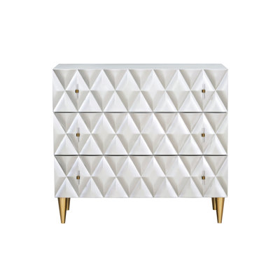 Console argent métallique avec tiroirs doublés de feutre et motif à losanges 3D et rangement à tiroir lisse champagne