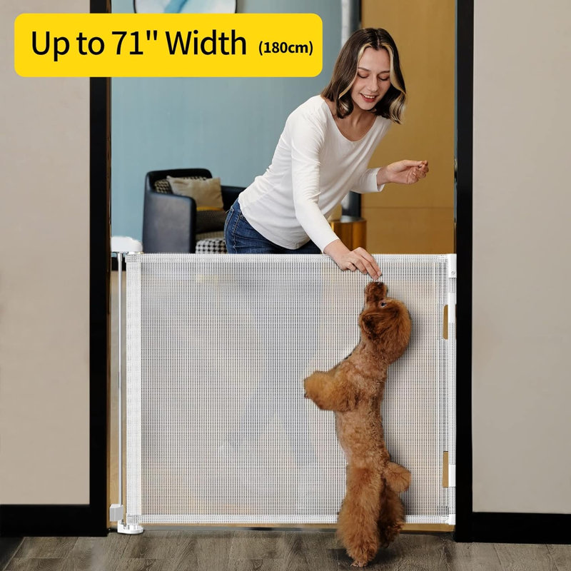 Barrière de sécurité rétractable pour animaux en maille pour escaliers, Blanc, H 33 po x l 71 po x P 2,7 po