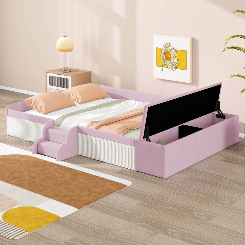 Daybed Upholstered In Velvet, Featuring Stairs & Gas Lift Ottoman For Storage, With Cushioned Guardrails, Full, Pink