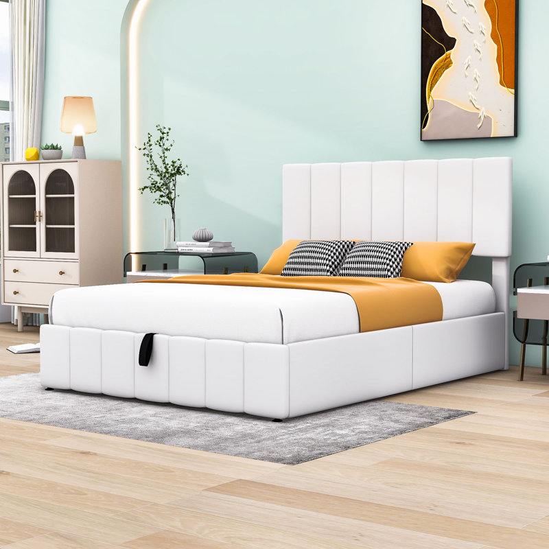 Upholstered Platform Bed with Hydraulic Storage System and Headboard, Full, White