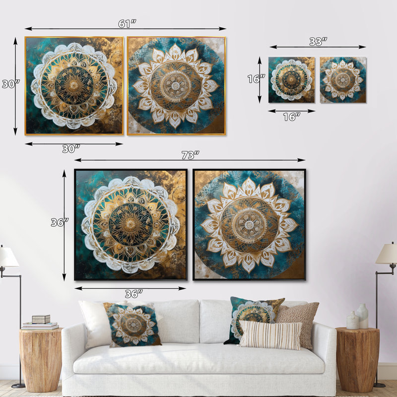 Mandala bleu sarcelle et doré - ensemble de 2 collages carrés boho mandala, Cadre flottant noir, H 16 po x l 33 po