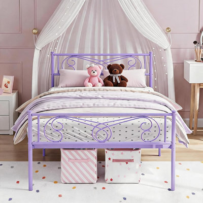 Cadre de lit enfant violet pour lit simple avec tête et pied de lit, mobilier de chambre confortable et coloré pour enfants