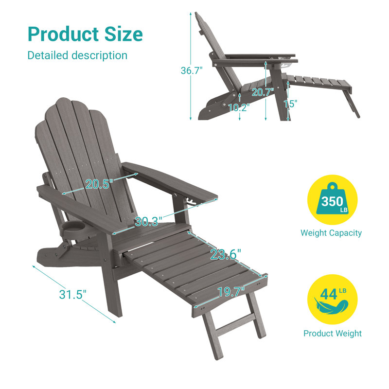 Ensemble de 4 chaises Adirondack pliantes avec repose-pieds rétractable et porte-gobelets Adirondack réglable avec repose-pieds