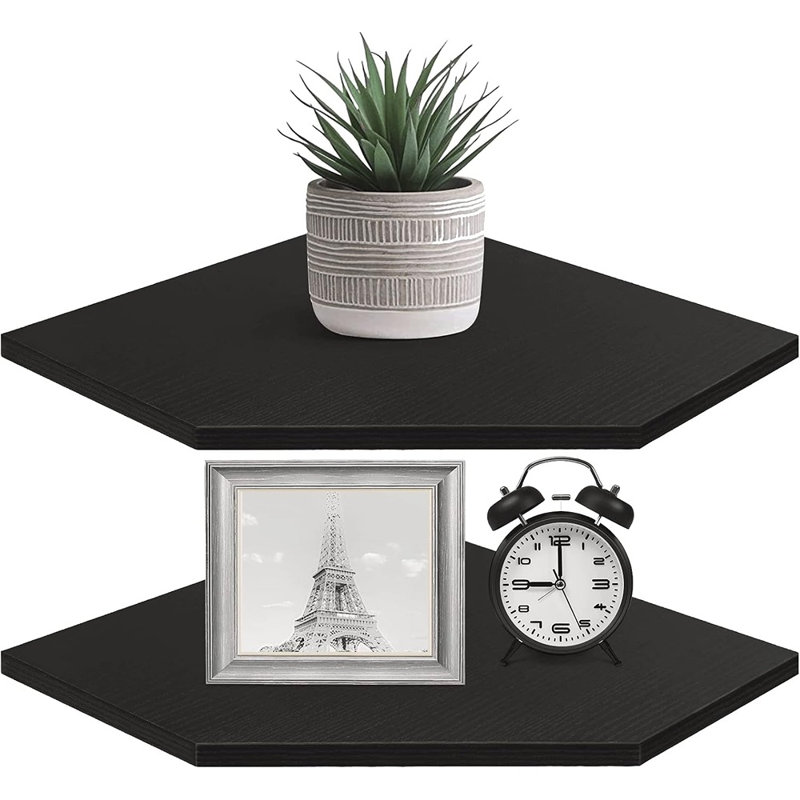 Ensemble de 2 étagères murales de coin flottantes – Étagères de rangement rustiques en bois avec passe-câbles, noires