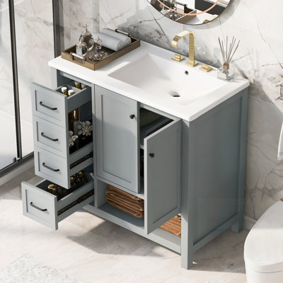Meuble-lavabo en bois massif avec lavabo, deux portes, deux tiroirs, une tablette ouverte et des panneaux de fibres à densité moyenne durables