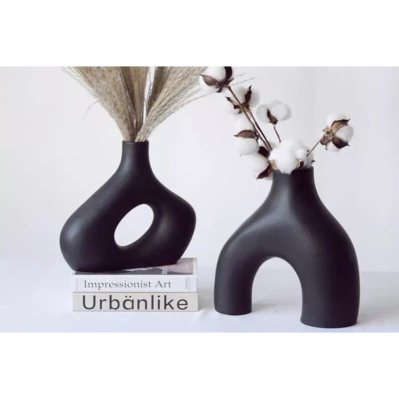 Elegant Ceramic Vase Set (2 Pieces), Black, 5.9 x 1.6 x 7.5 inches & 6.3 x 1.6 x 5.9 inches | 100% Durable Ceramic, Perfect for Home Décor & Floral Arrangements | Stylish & Modern Design for Any Room