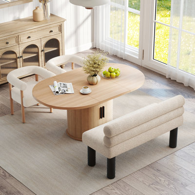 Ensemble de salle à manger de style campagne moderne, table ovale avec rangement, chaises en peluche blanches et banc rembourré pour 4 à 6 personnes, cuisine et salle à manger
