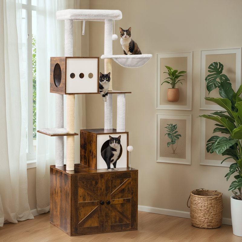 Arbre à chat H 72,8 po avec bac à litière en bois, tour de chat pour chats d'intérieur, Brun