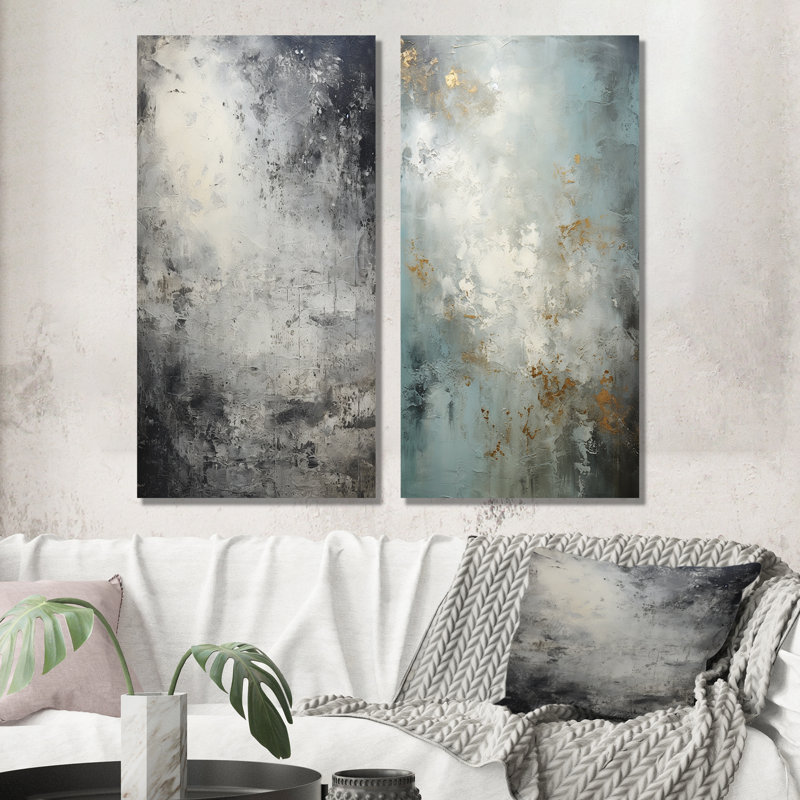 Minimalisme gris lunaire Surface IV - Art mural abstrait ensemble de salon de 2, H 28 po x l 25 po, Toile tendue