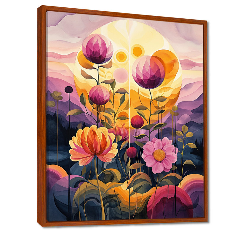 Fleurs mauves, paysage, soleil éclatant - botanique, art mural, Cadre flottant brun, bois massif, H 32 po x l 24 po