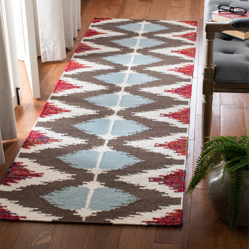 Rodgers Hand Woven Flat Weave Wool/Viscose/Cotton Geometric Rug in Ivory/Blue/Brown, Runner 2'6" x 8'