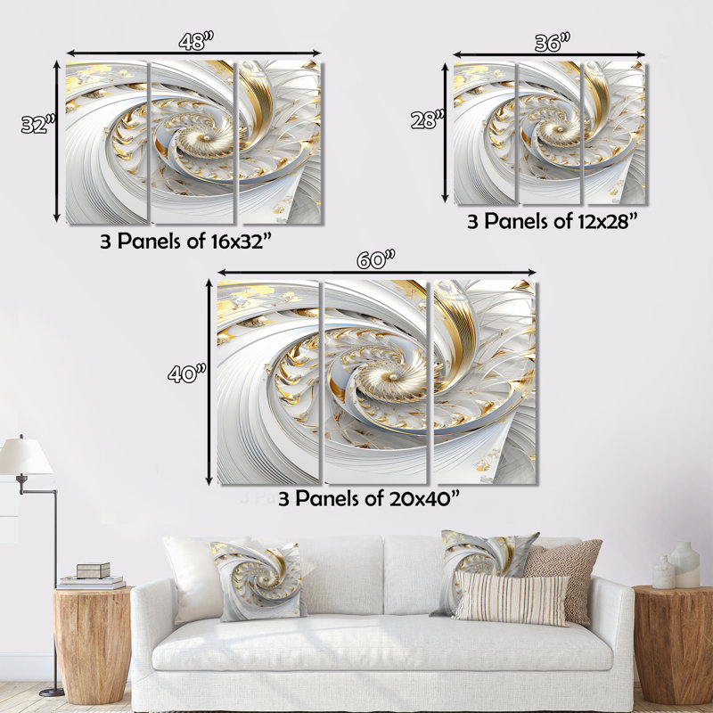 «Whirling tandis que glam», fractales en or et blanc III sur toile, 3 pièces, H 28 po x l 36 po x P 1 po