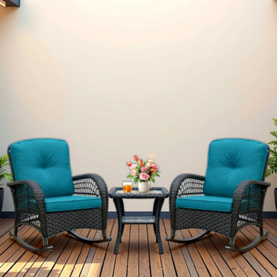 3 Outdoor Patio Wicker Rocking Chairs With Waterproof Cushions, Turquoise Blue, Suitable For Courtyards, Backyards, Patios, And Other Leisure Areas