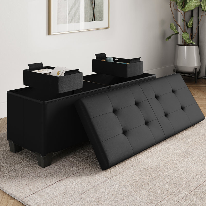 Repose-pieds en cuir Arlana, Similicuir noir, H 15 po x l 30 po x P 15 po