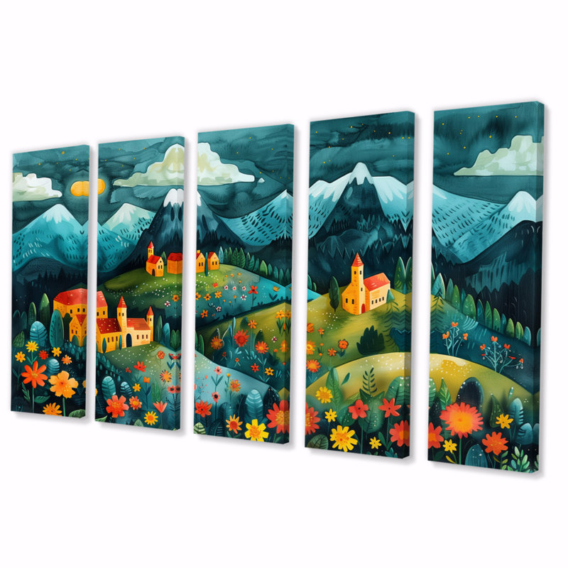 «Blue Red Summer Mountain Village Dream», ensemble d'art mural, H 28 po x l 60 po