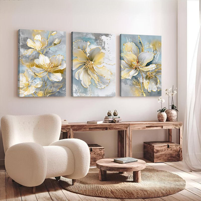 Tableau abstrait floral sur toile tendue (ensemble de 3), H 18 po x l 36 po