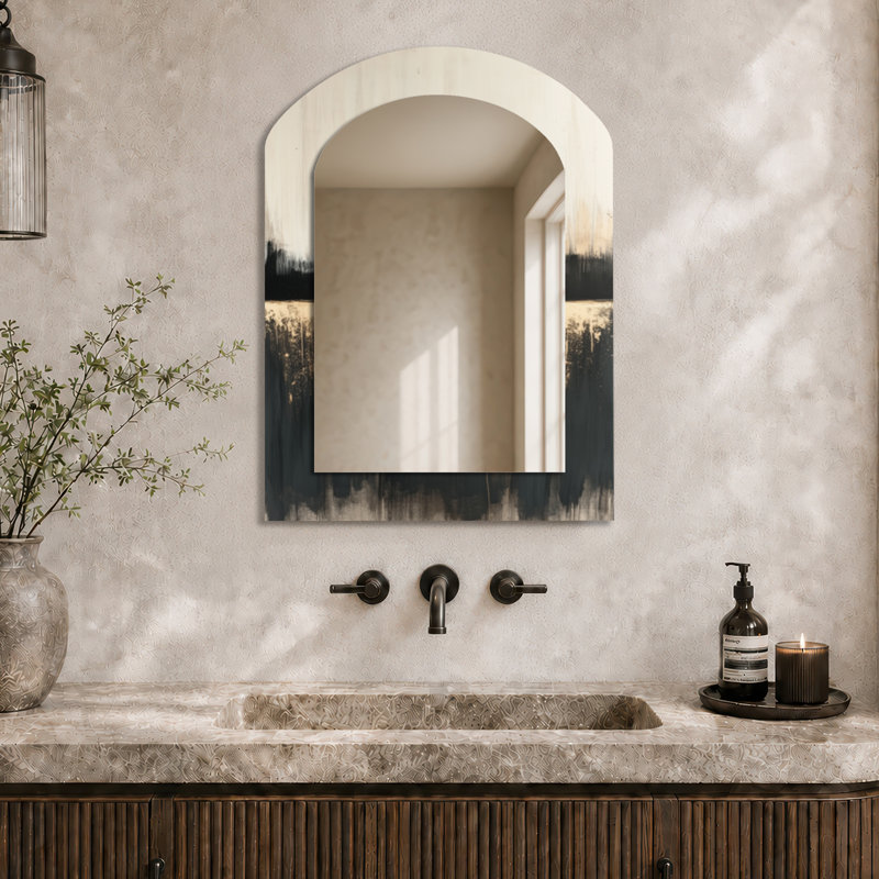 Miroir décoratif contemporain - formes modernes beige et noir I, impression sur métal, 34" x 25"