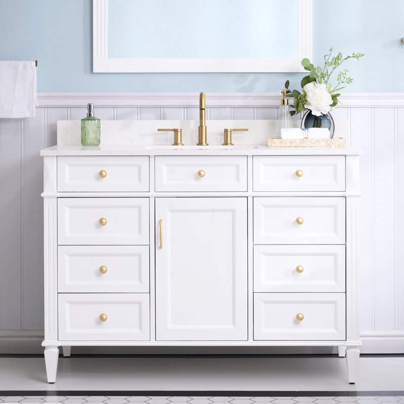 Meuble-lavabo en bois massif H 35 po x l 48 po Jayseon avec comptoir en quartz blanc Carrera et lavabo, Blanc