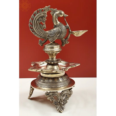 Handmade 14-Inch Southern Peacock Lamp in Brass – Seven-Wick Hoysala Style Diya, Majestic Hindu Ritual & Decorative Lighting