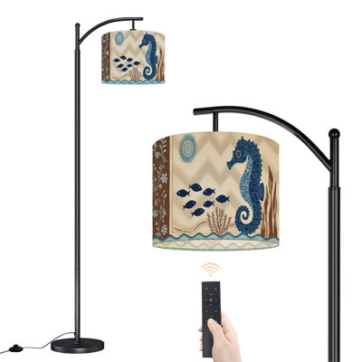 Arc Floor Lamp with Adjustable Lampshade Vintage Beach Brown Seahorse Small Fish Standing Lamp 3 Color Temperatures Dimmable Tall Pole Lamp with Foot Switch for Bedroom