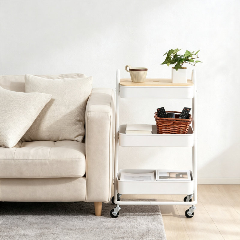 White 3-Tier Rolling Storage Trolley with 4 Castor Wheels, Steel Frame Cart with Solid Bamboo Lid, Complete with 3 Hanging Baskets & Hooks, Multipurpose Storage Organiser for Bathroom, Kitchen, Craft Room & Home Office