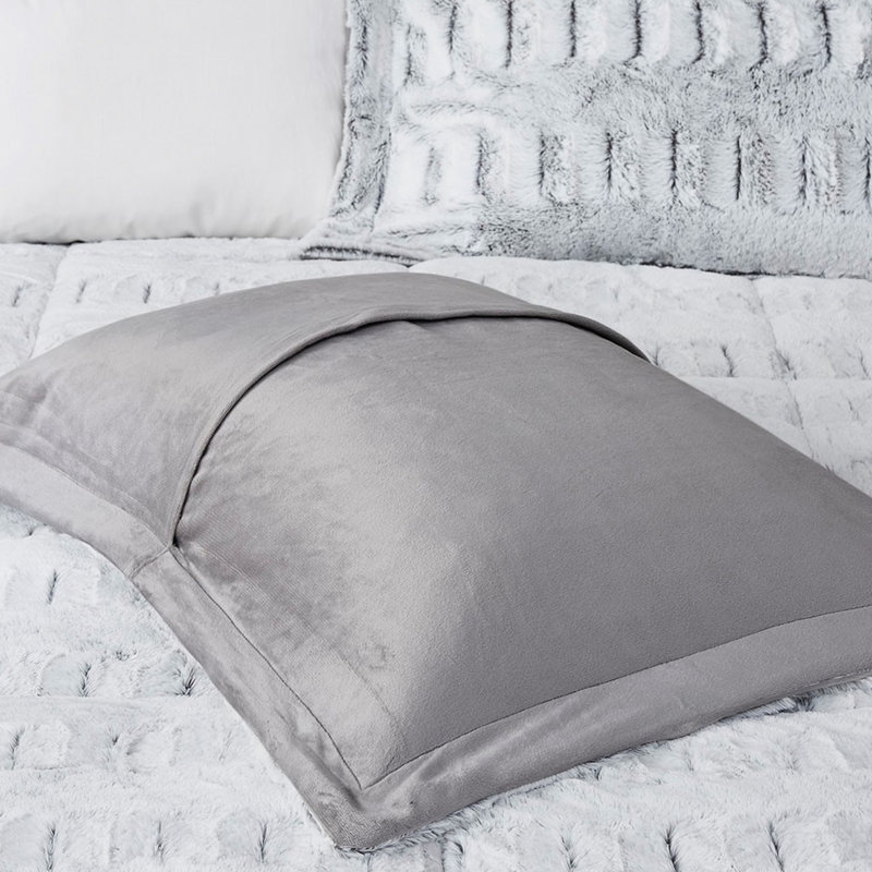 Édredon gris en fausse fourrure pour lit simple / simple TG avec taies décoratives assorties et bourre cousue