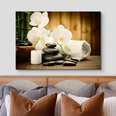 «White Orchid Zen Bamboo Candle Massage Stones Nature Wilderness» sur impression sur toile