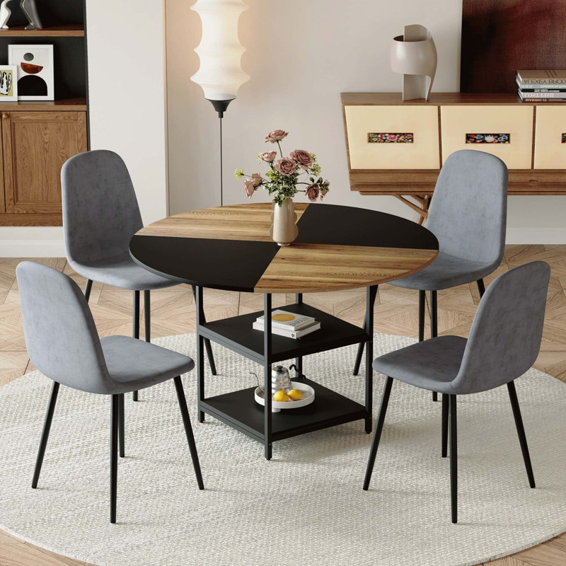 Ensemble de table de salle à manger moderne épissure de 47,3 pouces de diamètre avec rangement double couche, jumelé à 4 chaises en tissu