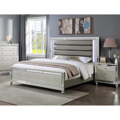 Queen Size Panel Bed With Champagne Finish, Boasting White & Blue Led Lights, Mirror Accents, Faux Leather Upholstery, Solid Wood Body Chic Glow, Illumination, Upholstery And Base