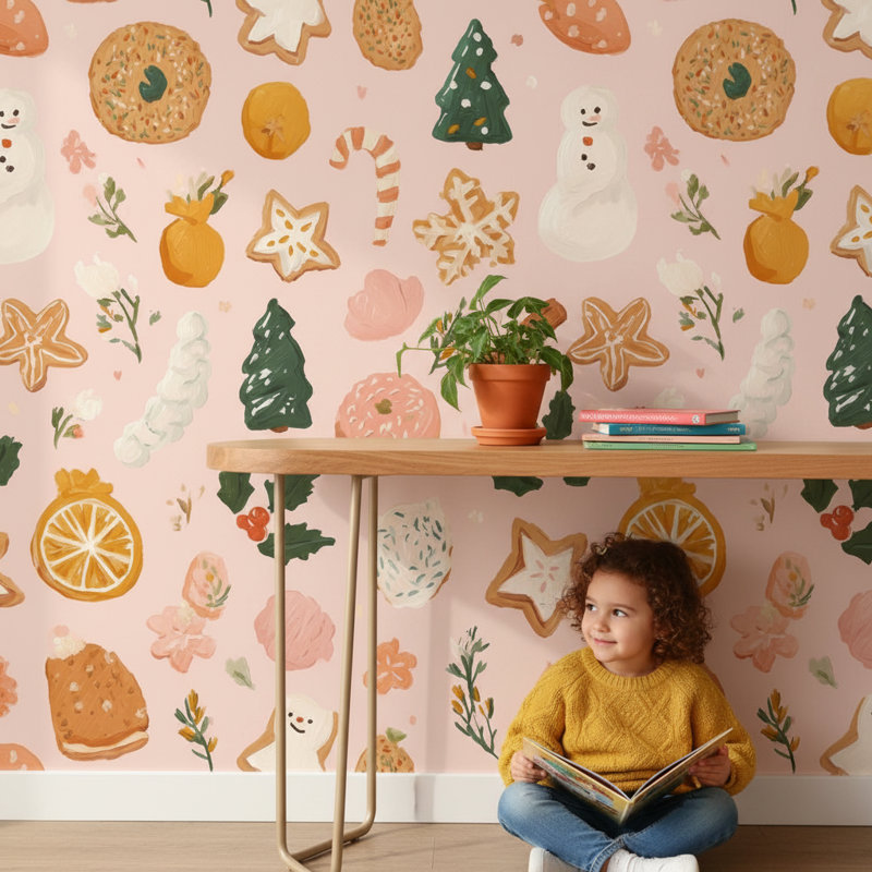 Papier peint festif, décoration murale, biscuits des Fêtes