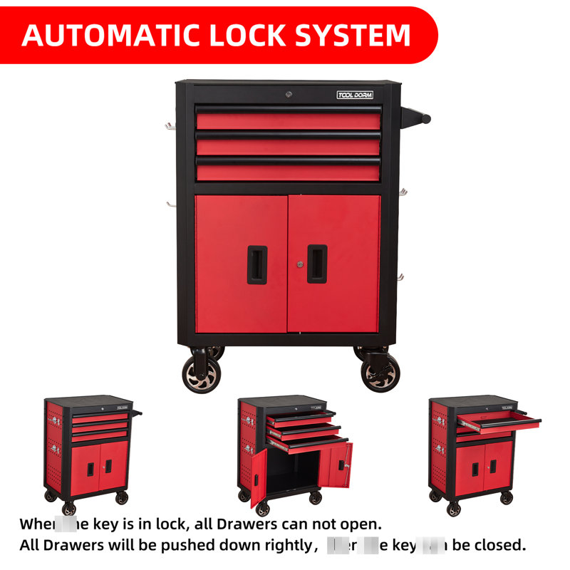 28 - Inch 3 Drawer Rolling Tool Chest In Black And Red, Featuring Wheels Locking For Workshop Organization On Wheels, With Liners System Garage Storage