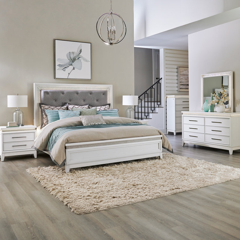 Oxford King Upholstered Bed, Dresser & Mirror, Chest, Nightstand Bedroom Set w/ LED Lighting, King