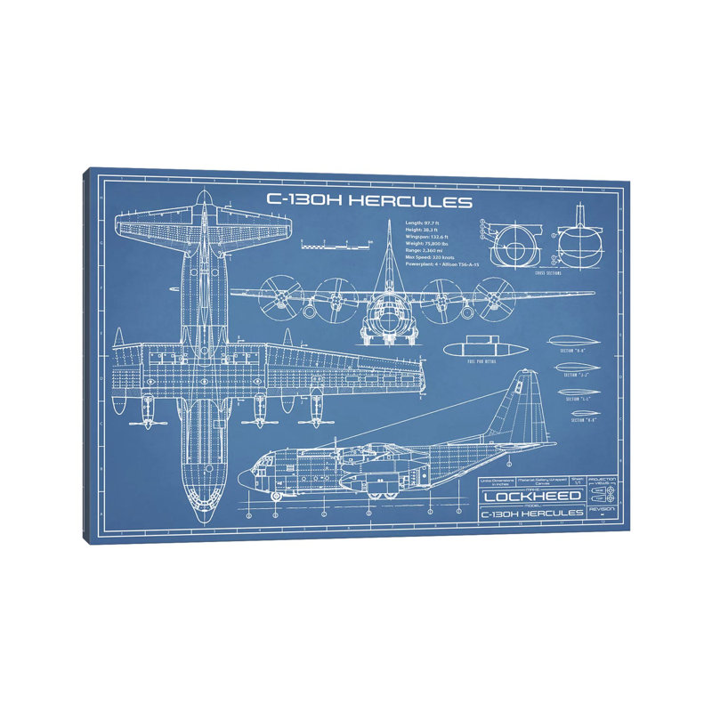 Blueprint d’avion C-130 Hercules-impression de dessin, Toile tendue, Pas de tapis, H 40 po x l 60 po x 1,5 po