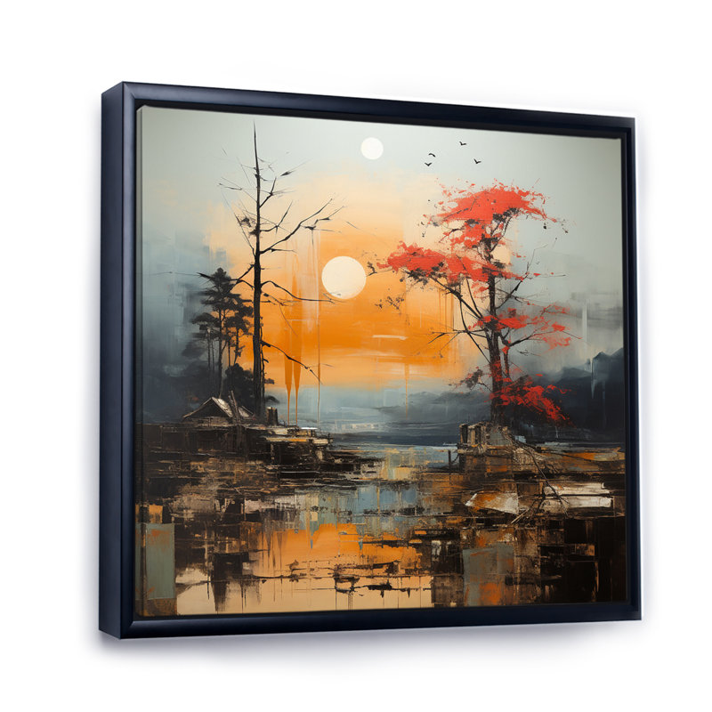 Paysage asiatique orange gris II sur toile, Cadre flottant noir, H 30 po x l 30 po x P 1 po