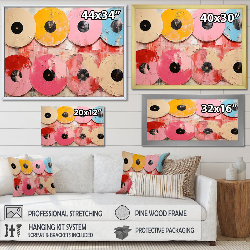 Disque vinyle rose I - Vinyle, art mural pour le salon, Cadre d'angle fermé noir, H 34 po x l 44 po x P 1,5 po