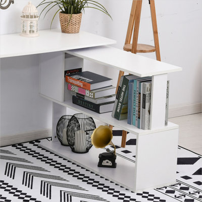 Modern L-shaped computer desk in classic white particle board with 360° rotating design